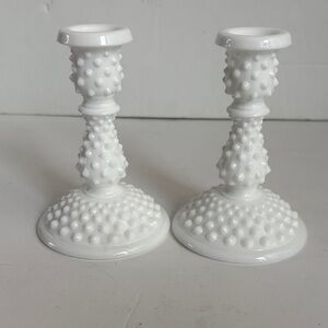 Milk glass (Fenton? unmarked) hobnail mid century candlestick holders